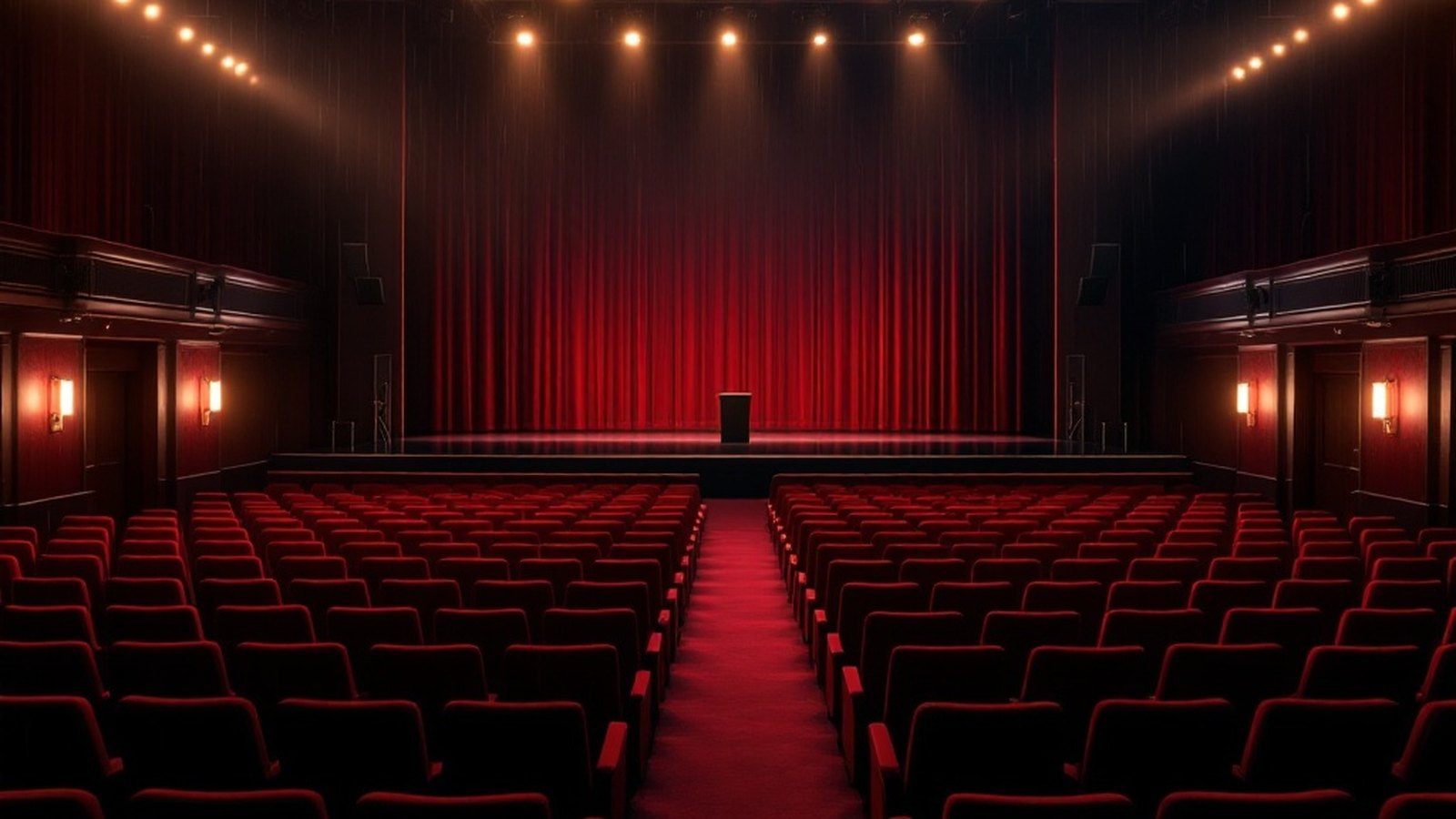 An empty awards auditorium in deep red, rows of seats facing a dark stage and a lit lectern