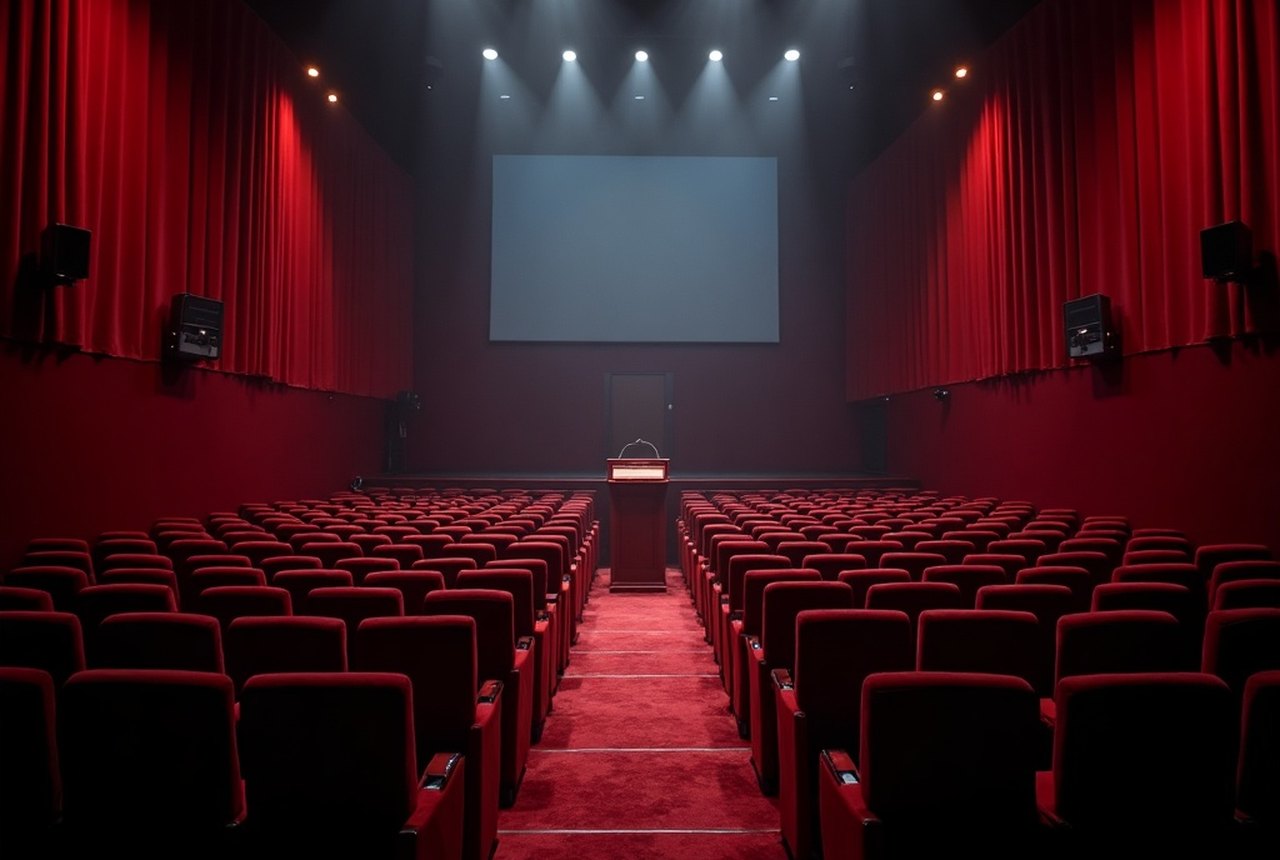 An empty awards auditorium in deep red, rows of seats facing a dark stage and a lit lectern