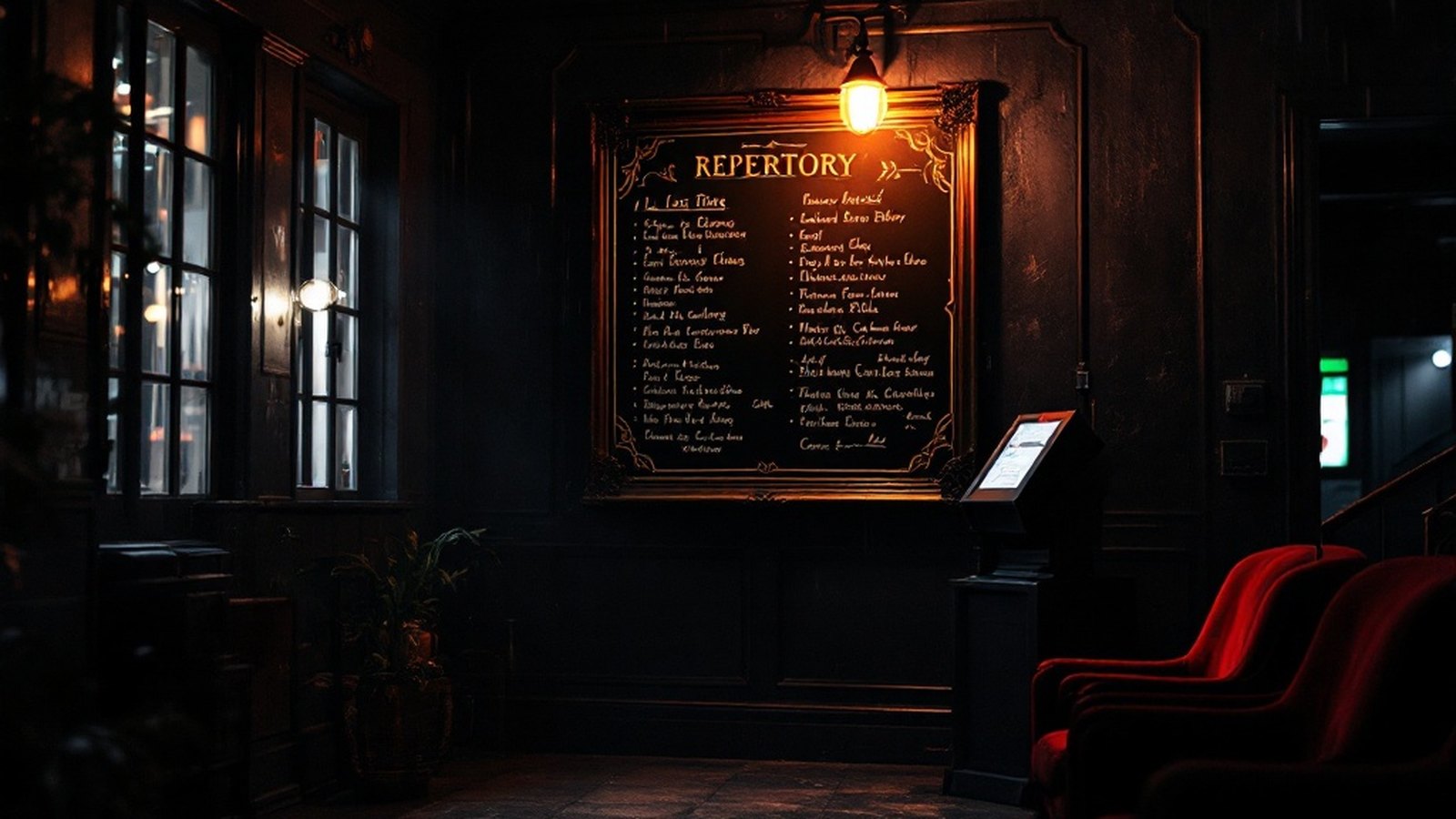 A dim repertory foyer at night, a hand-lettered chalkboard of listings under one warm bulb