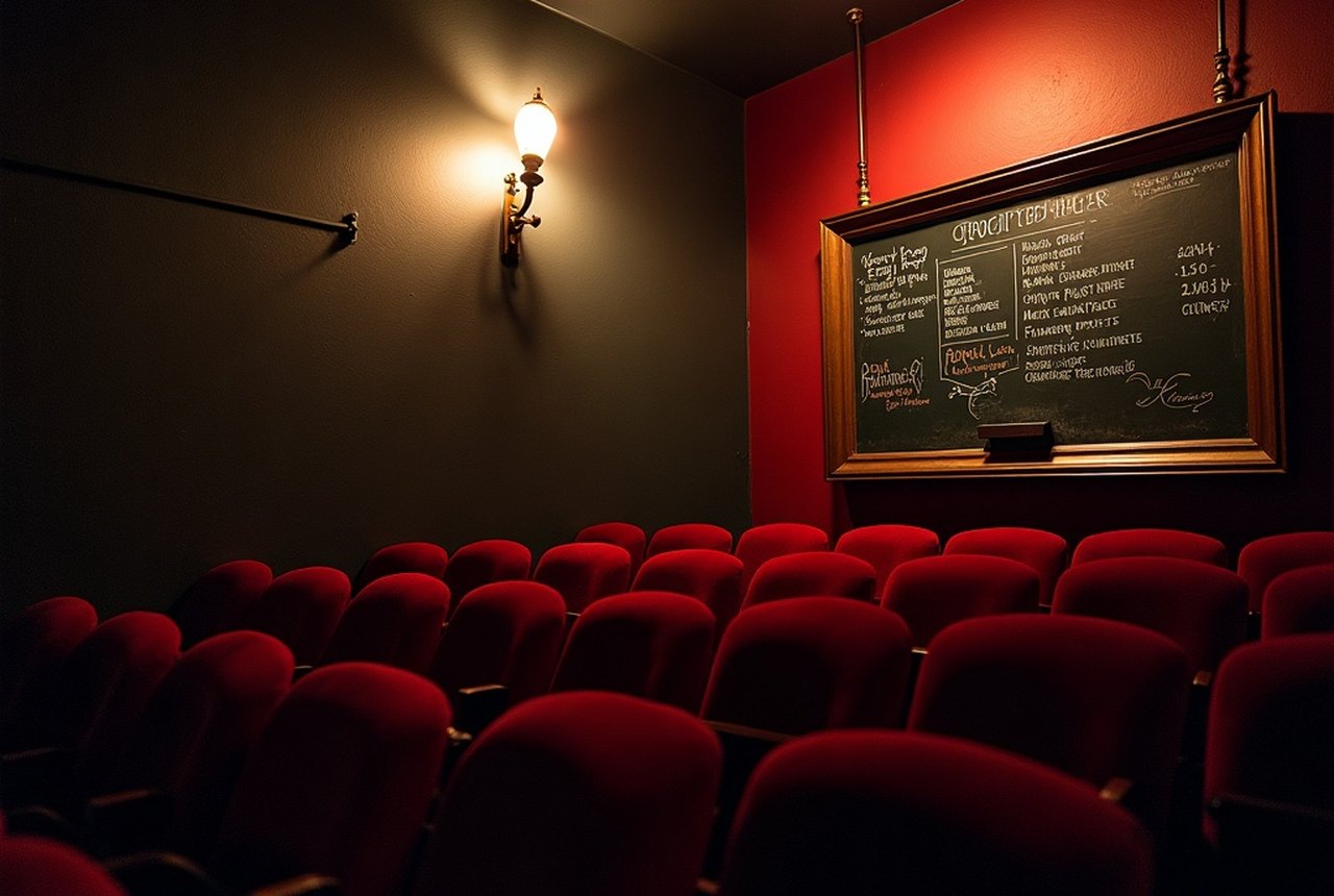 A dim repertory foyer at night, a hand-lettered chalkboard of listings under one warm bulb