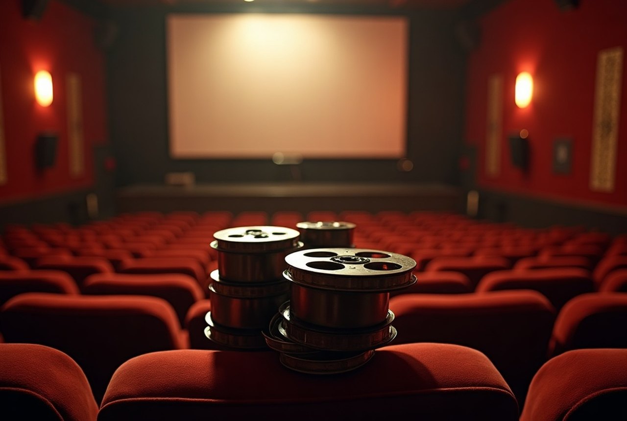 A stack of worn film canisters and a coiled reel catching brass-coloured light in a projection booth