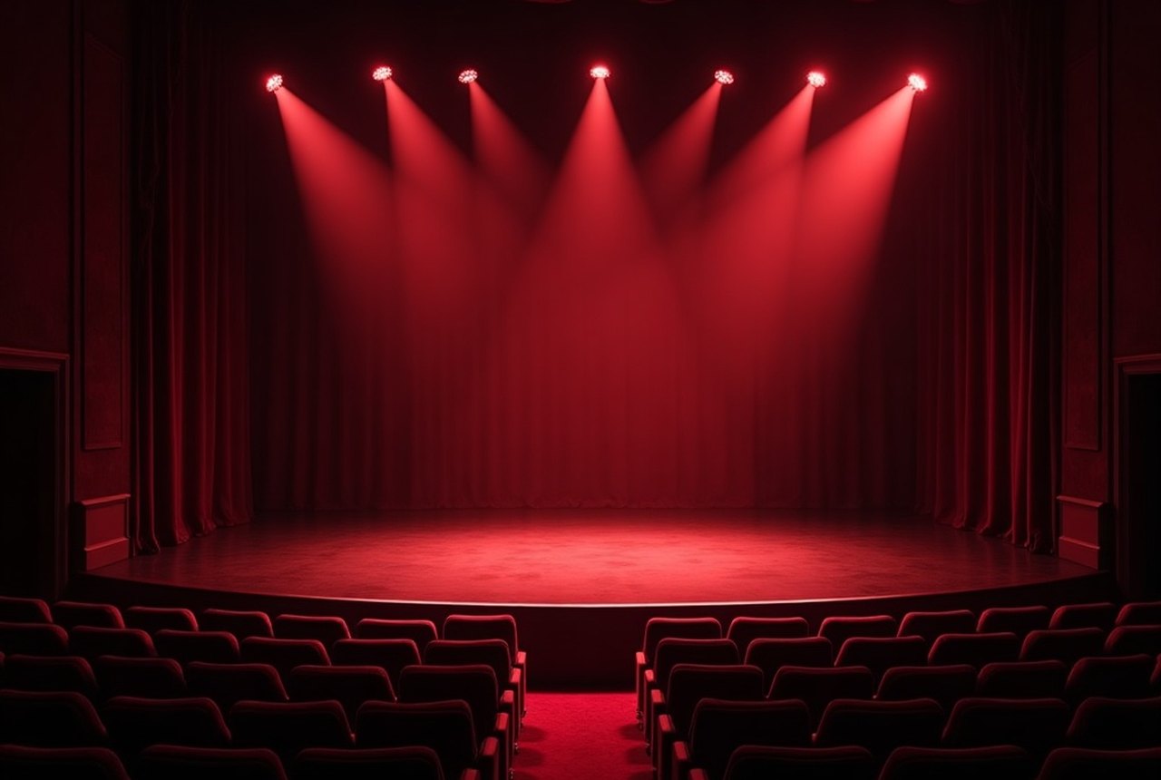 A spotlit empty theatre stage in saturated crimson light, the curtain edge just visible