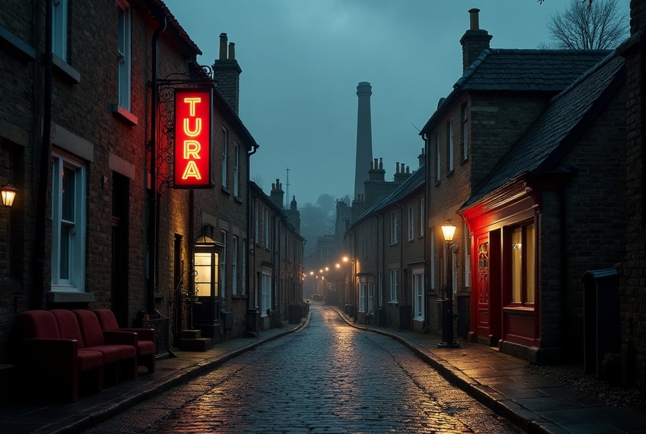 A cobbled back-street of terraced houses in a northern town, damp and grey, a factory chimney beyond