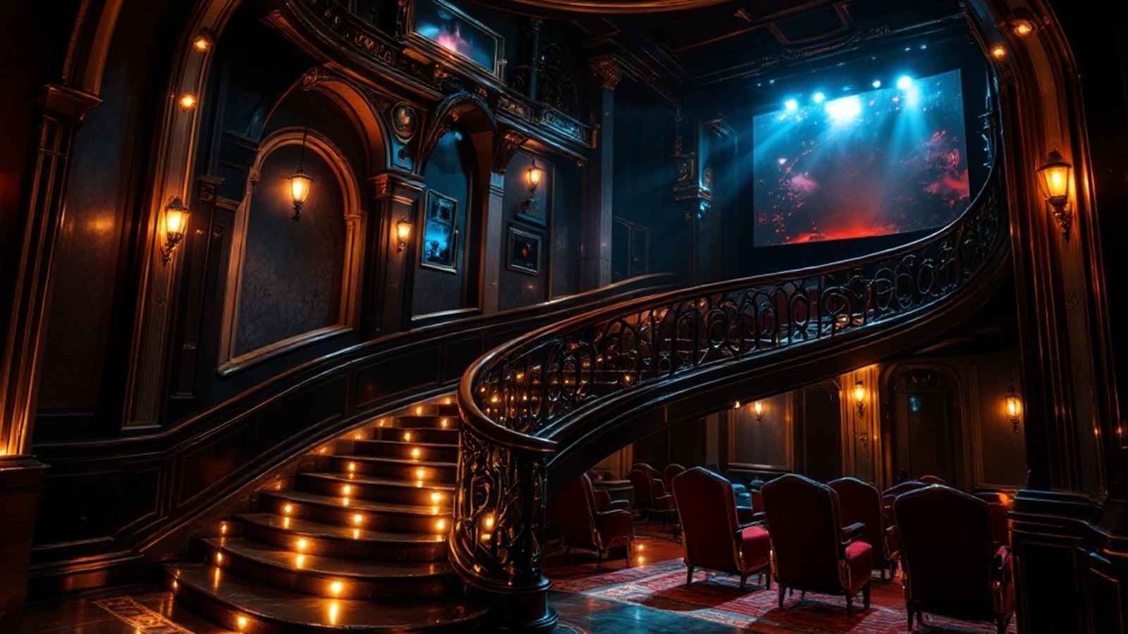 An ornate Art Deco cinema foyer at night, warm bulbs glowing along a curved staircase
