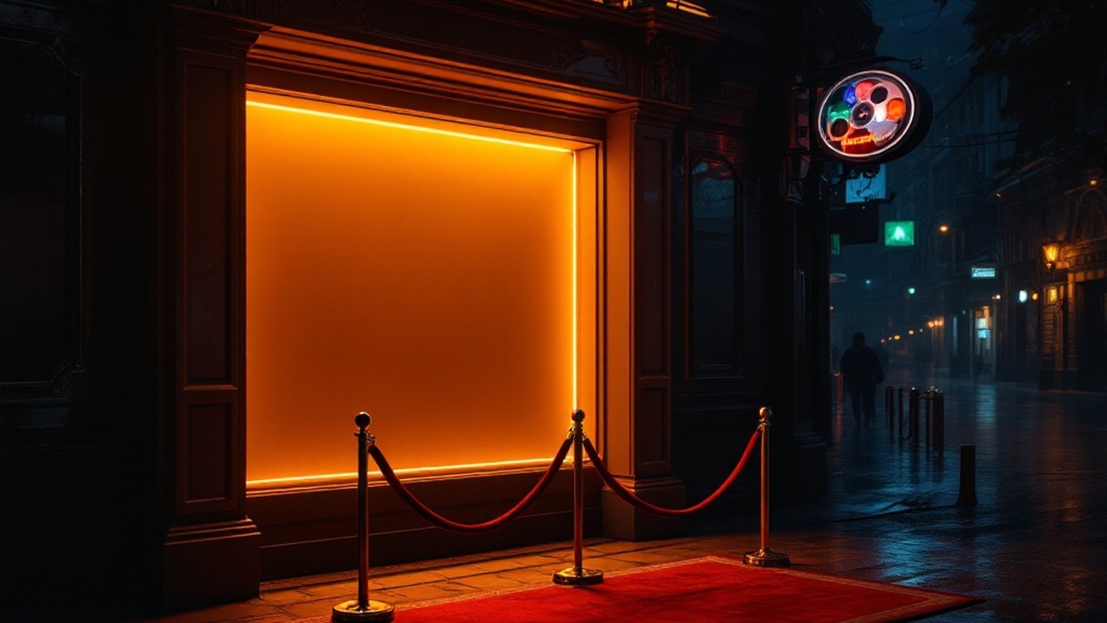 A cinema box-office window glowing amber in the dark, an empty velvet rope queue before it