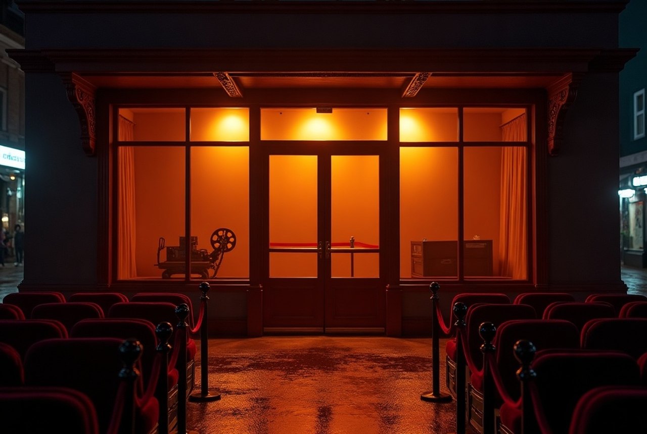 A cinema box-office window glowing amber in the dark, an empty velvet rope queue before it