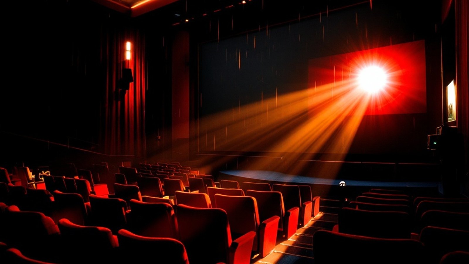 A projection booth in warm shadow, a 35mm reel threaded through the gate catching the lamp