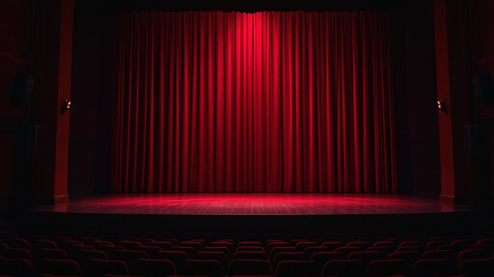 A spotlit empty theatre stage drenched in saturated crimson light, curtain edge just visible