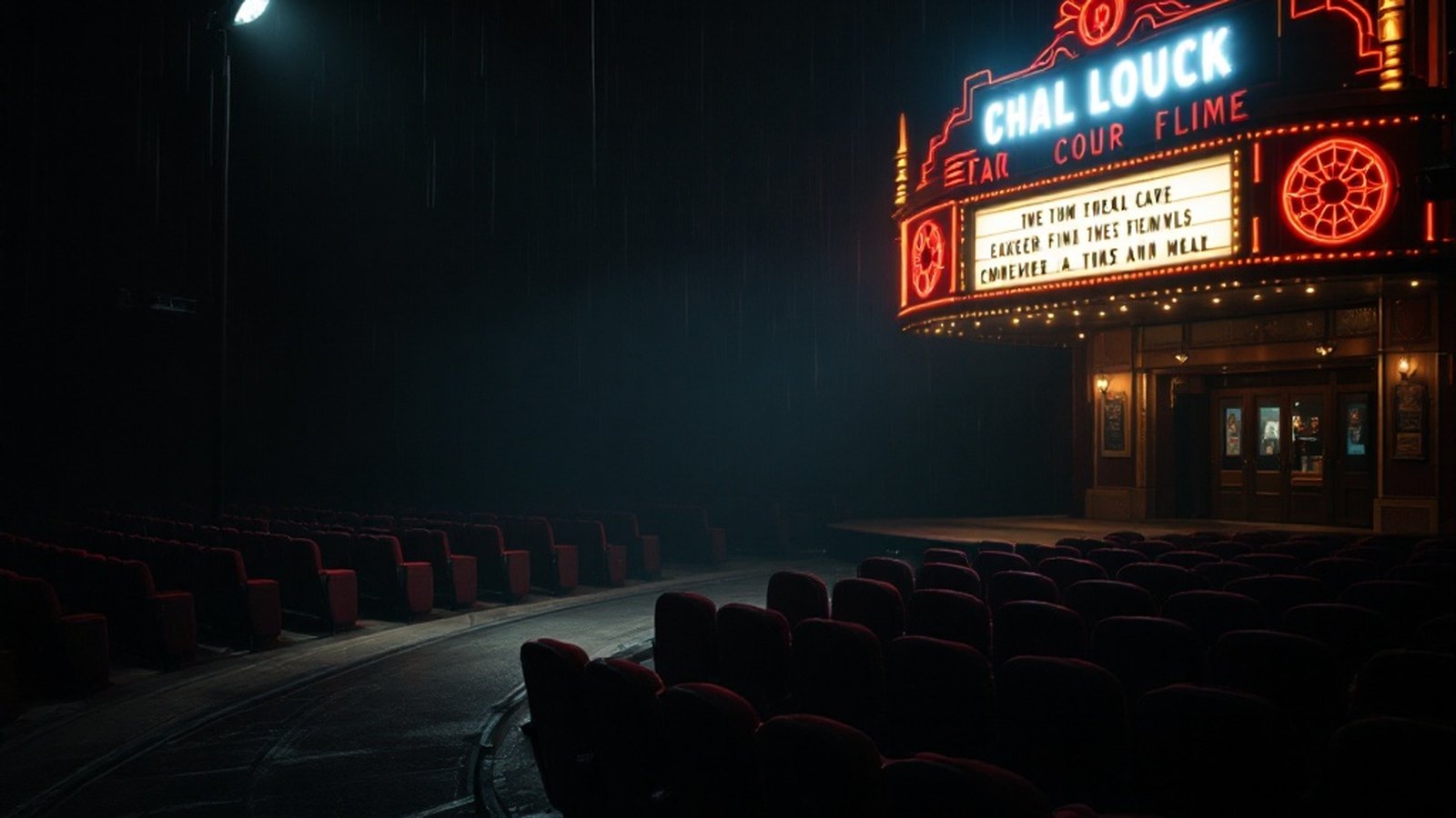 An empty film set at night, a dolly track and a shrouded camera under a single work-light
